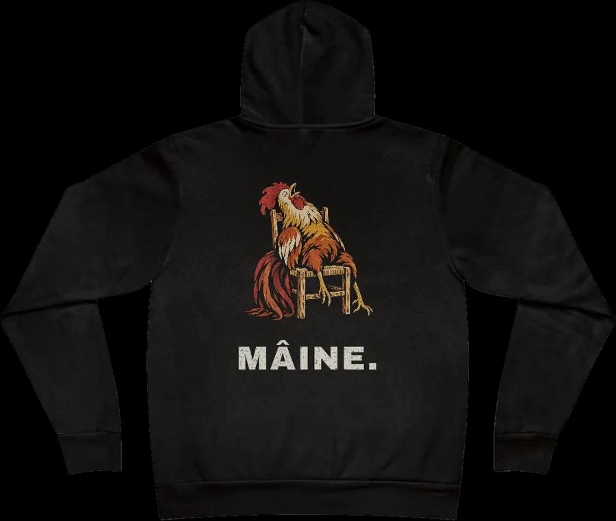 Hoodie Mâine noir encre, vu de dos, le mot imprimé en polenta