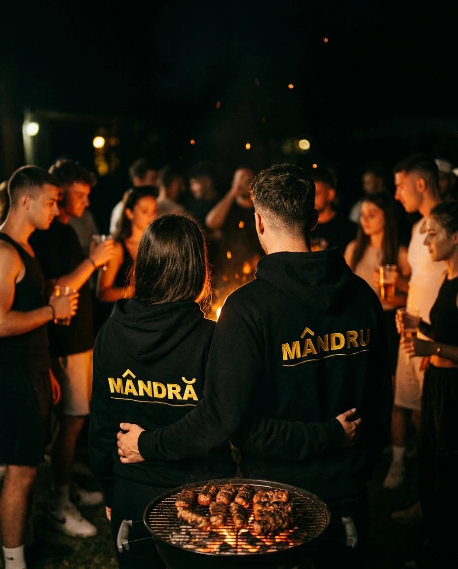 Un couple de dos à une fête nocturne, MÂNDRĂ et MÂNDRU brodés en polenta sur deux hoodies noirs