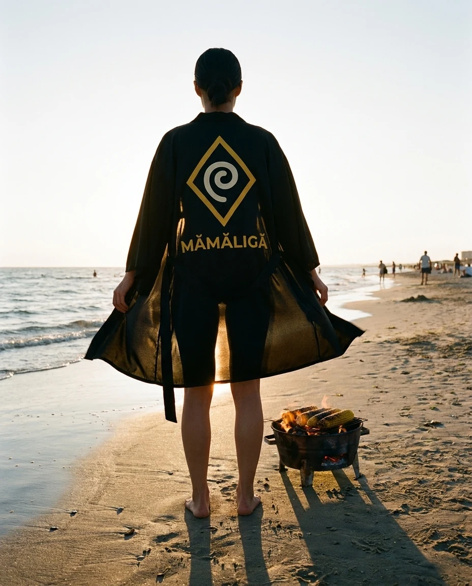 Une femme de dos sur la plage au soleil couchant, kimono MĂMĂLIGĂ ouvert au vent, épis de maïs sur un braséro