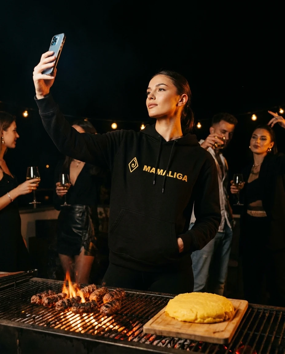 Une jeune femme en hoodie MAMALIGA prend un selfie devant le grill, éclairée par la braise